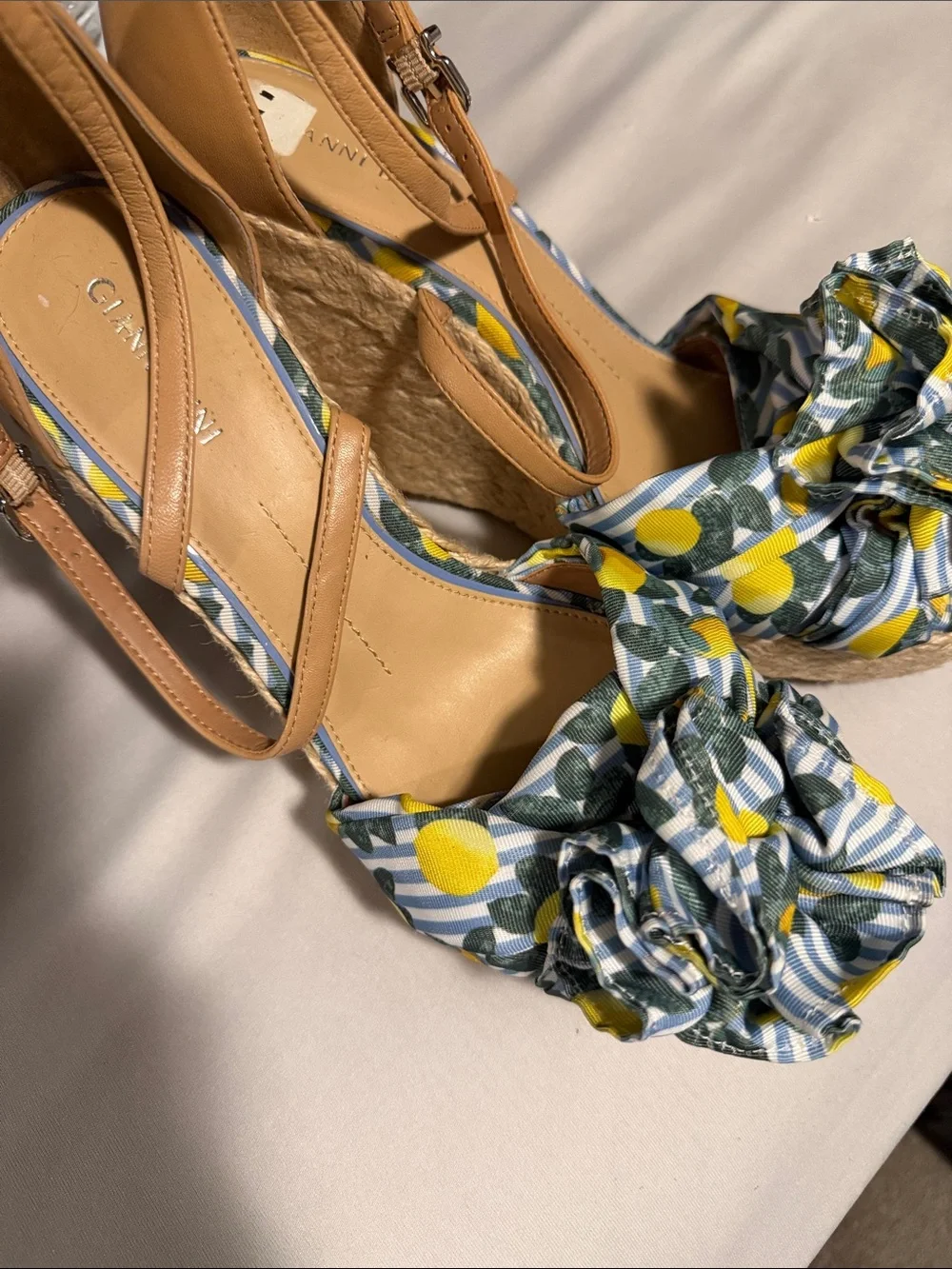 Gianni Bini Tan Espadrille Wedges with Blue, Yellow & Green Floral Ruffle